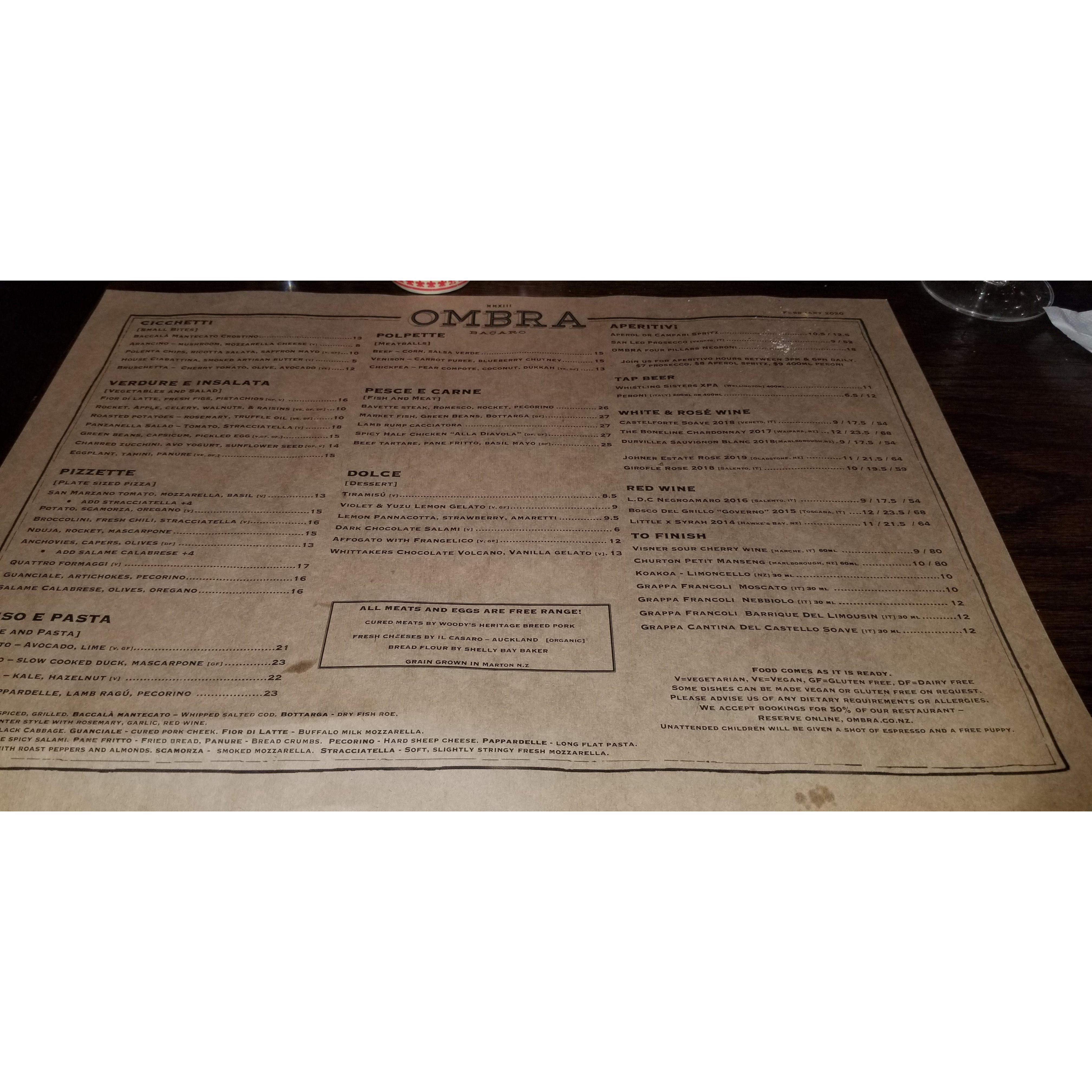 The Italian menu