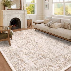 BERTHMEER 8'x10' Oriental Rugs, Washable Vintage Area Rugs for Living Room, Farmhouse, Dining Room, Office, Non-Slip Carpets, Brown