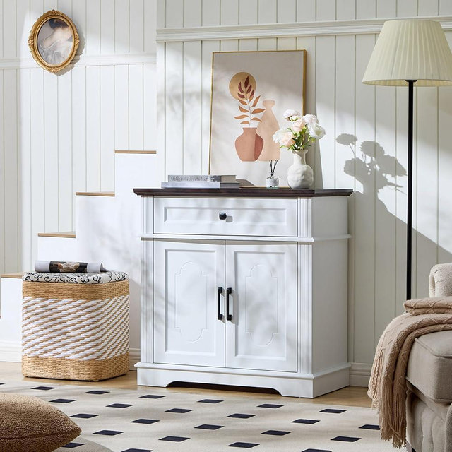 White Farmhouse Storage Cabinet with 2 Doors and 1 Drawer, Adjustable Shelf, Freestanding Kitchen Pantry Cabinet, Modern Buffet Sideboard Coffee Bar Cabinet Living Room Bathroom Dining Room