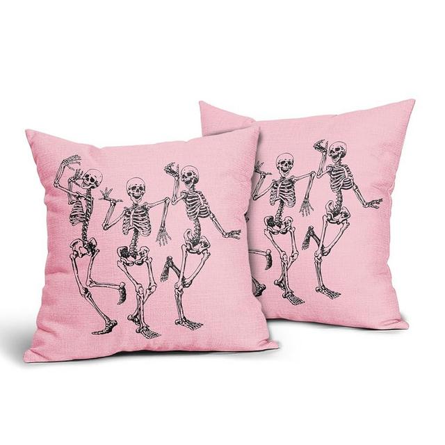 Halloween Skull Pillow Covers 18X18 In Set of 2 Cute Funny Skeleton Decorative Pillow Cases Vintage Pink Pillow Covers Cotton Linen Cushion Case Autumn Home Decor For Couch Sofa Patio Porch Outdoor