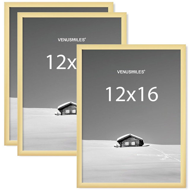 Venusmiles 12x16 Picture Frame, Display 12x16 Photo Frames - High Definition Plexiglass - Vertical and Horizontal Display - Wall Hanging or Table Top Frame - Gold, 3 Pack