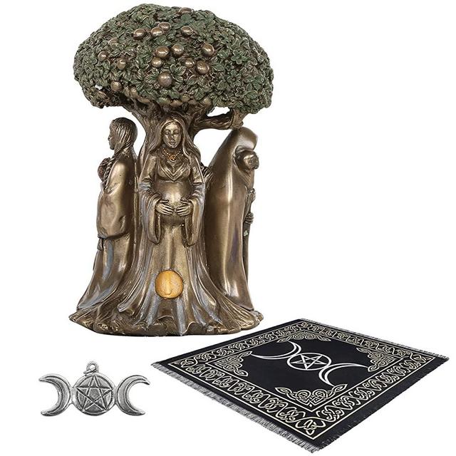Sarimoire Altar Tarot Cloth Goddess Statue Tree of Life 5.5 in Cold Cast Bronze Statue Wicca Supplies Triple Moon Pentagram Pentacle Pendant Altar Supplies Kit
