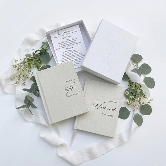 ADUN Stationery His and Hers Wedding Vow Books - Linen Hardcover, Gift Box & Ribbon Marker, 80 Pages Keepsake Journals for Bride & Groom, Perfect for Ceremony, Engagement & Bridal Shower Gifts [Ivory]