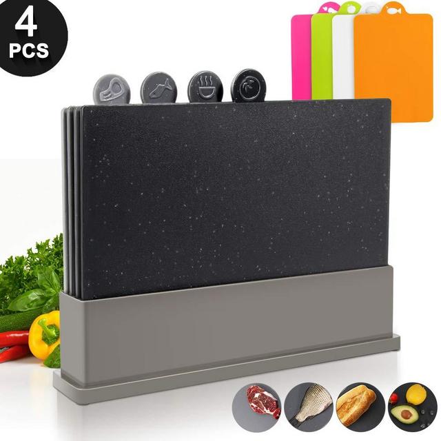 4 Cutting Board Set for Kitchen Holder, Index Plastic Cutting Board, 12.6"x 8.6",BPA Free, No Slip, Thick Cutting Boards with Storage Case Organizer for Kitchen, BBQ, Extra 4 Flexible Plastic Mats