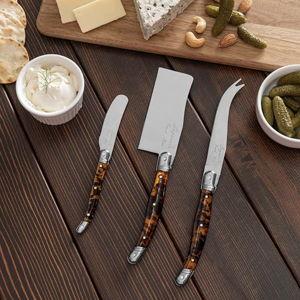 Laguiole Cheese Knife Set of 3 – Stainless Steel Cheese Knives Set – Cheese Spreader, Spear & Cleaver Knife – Luxurious Charcuterie Accessories for Parties (3-Piece, Faux Ivory) (Tortoise Shell)