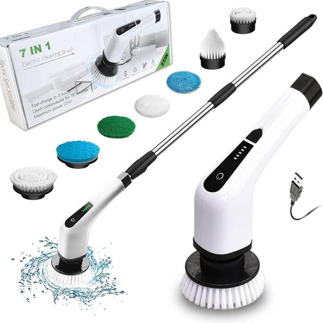 Electric Spin Scrubber, Cordless Cleaning Brush with 7 Replaceable Brush Heads, Tub and Floor Tile 360 Rotating Power Scrubber Mop with Adjustable Handle for Bathroom Kitchen Car (White)