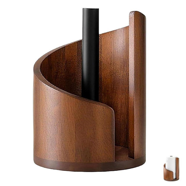 Tiykiau Mountain Paper Towel Holder Countertop with Mango Wood Round Base and Iron Holder，Wood Paper Towel Holders for Kitchen Dining Table (A)