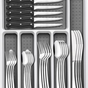49-Piece Silverware Set with Organizer, Heavy Duty Stainless Steel Flatware Set for 8, Cutlery Utensil Sets with Steak Knives, Rust-proof, Mirror Polished, Dishwasher Safe, Heavy Duty