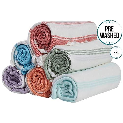 BOSPHORUS (Set of 6) 100% Turkish Cotton Bath Beach Hammam Towel Peshtemal Throw Foua Blanket Set (Multi3)