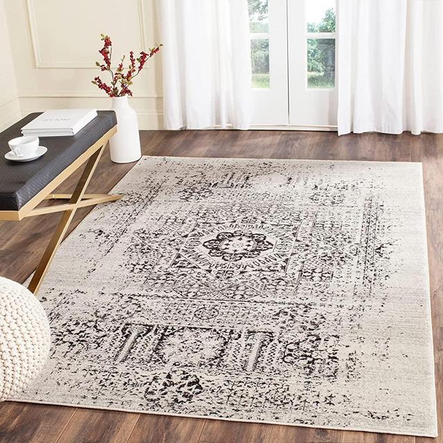 SAFAVIEH Evoke Collection 6'7" x 9' Ivory / Black EVK260T Oriental Medallion Distressed Non-Shedding Living Room Bedroom Dining Home Office Area Rug