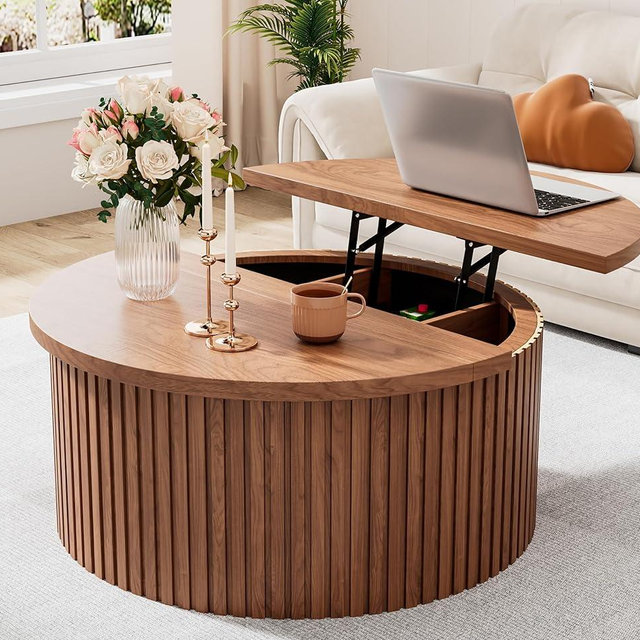 Fsbecl Round Fluted Lift Top Coffee Table with Storage, 34.6'' Farmhouse Round Coffee Tables for Living Room, Circle Wood Accent Center Table for Home, Office (Walnut)