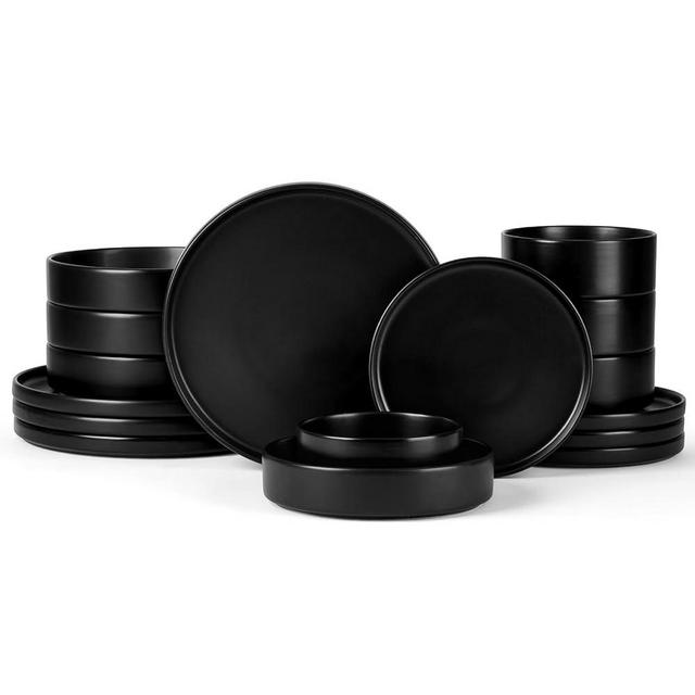 16 Piece Dinnerware Sets with Serving Bowls for 4, Onader Stoneware Plates and Bowls Dish Sets, Ceramic Dinner Ware Dishware for Kitchen Dining, Chip & Scratch Resistant - Ebony Black