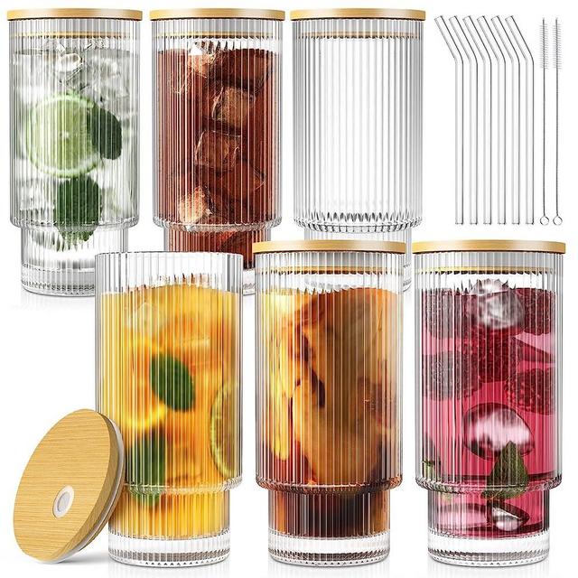 Glass Cups, 16OZ Ribbed Drinking Glasses with Bamboo Lids and Glass Straws 6 Set, Vintage Glassware for Whiskey Cocktail Beer, Iced Coffee Cups for Cute Gifts