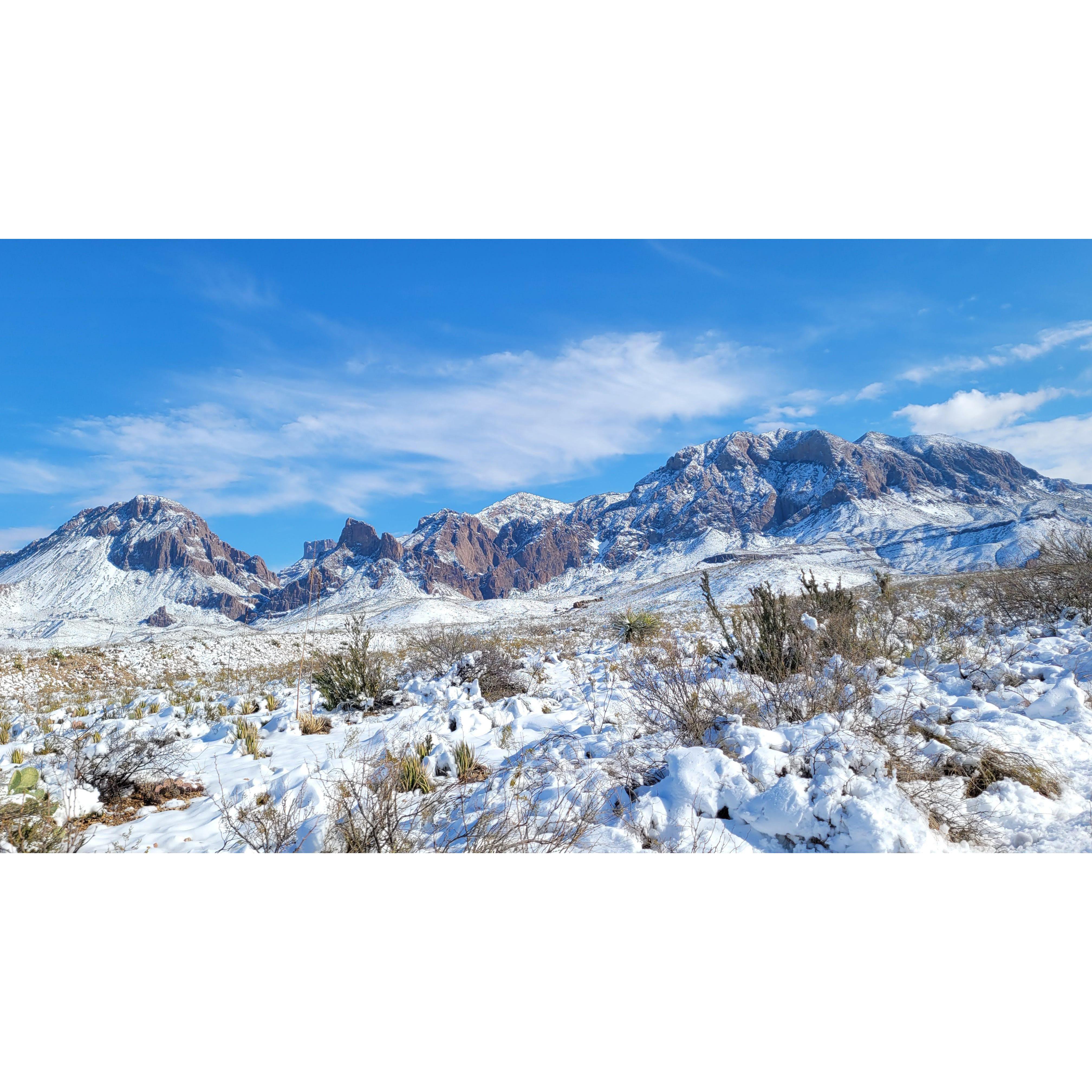 View of Chisos mountains in the snow from  Sam nail ranch trail