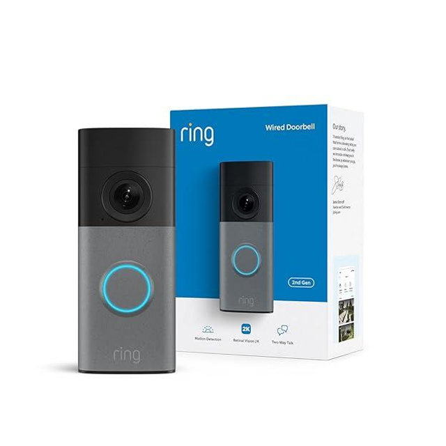 Ring Wired Doorbell (newest model), Retinal 2K with wide-angle video, up to 6x Enhanced Zoom, and Two-Way Talk, Speckled Gray