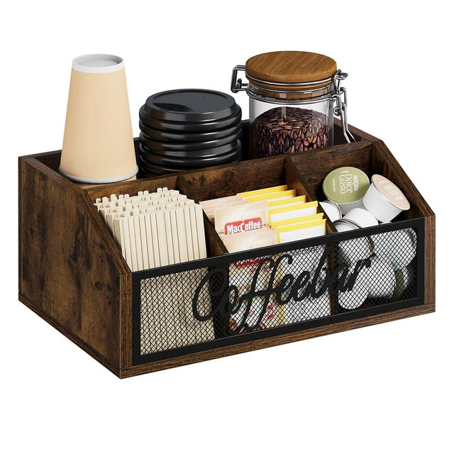 YINMIT Coffee Station Organizer for Countertop, Wood Coffee Bar Organizer with Removable Dividers for Pods, Syrup, Cups, Stirrer, Tea - Office Coffee Bar Accessories