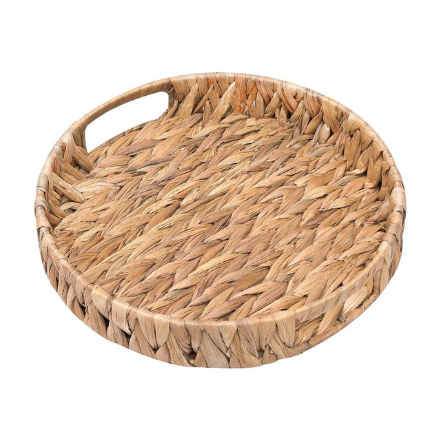 QZOFOTA Coffee Table Tray Round Rattan Serving Tray Woven Water Hyacinth Storage Basket,Decorative Wicker Trays with Handles for Fruit,Arts,Crafts,and Home Decor(11.8inch x1.9 inch)