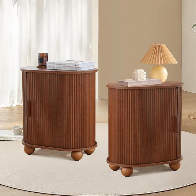 NVETHM End Table, Side Table with Storage Space and Sliding Door, Bedside Table Accent Cabinet for Living Room, Bedroom, Entryway, Hallway (2-Packs) (Walnut)