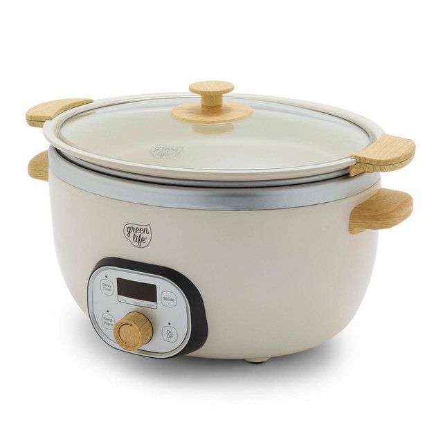 GreenLife Healthy 6qt Slow Cooker with Wood Handle Cream