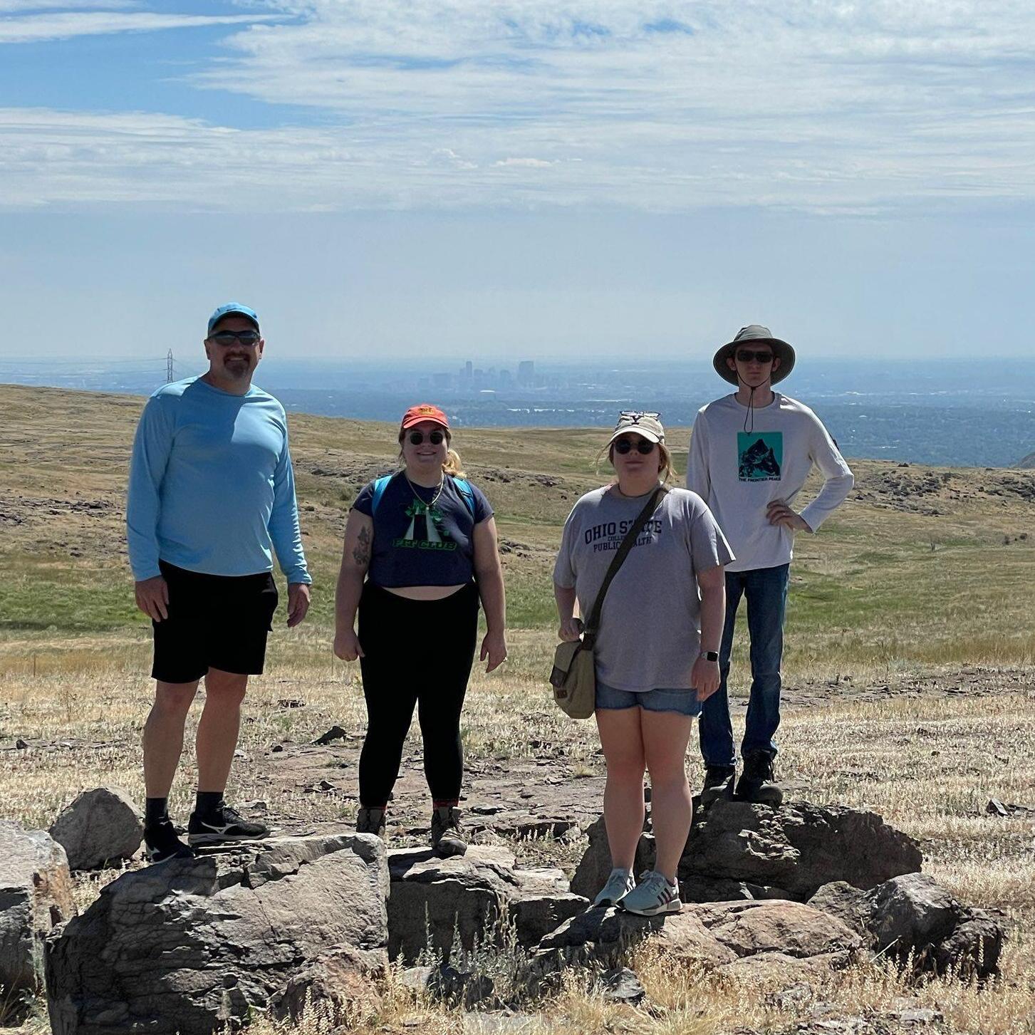 Elaine, Dad, Tess and Justin on top of North Table Mountain, Golden, CO, August 2022