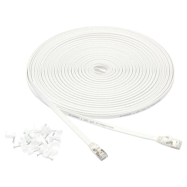 Amazon Basics RJ45 Cat 7 Ethernet Patch Cable, Flat, 600MHz, Snagless, Gold Plated, LAN Network, Includes 20 Nails, 50 Foot, White
