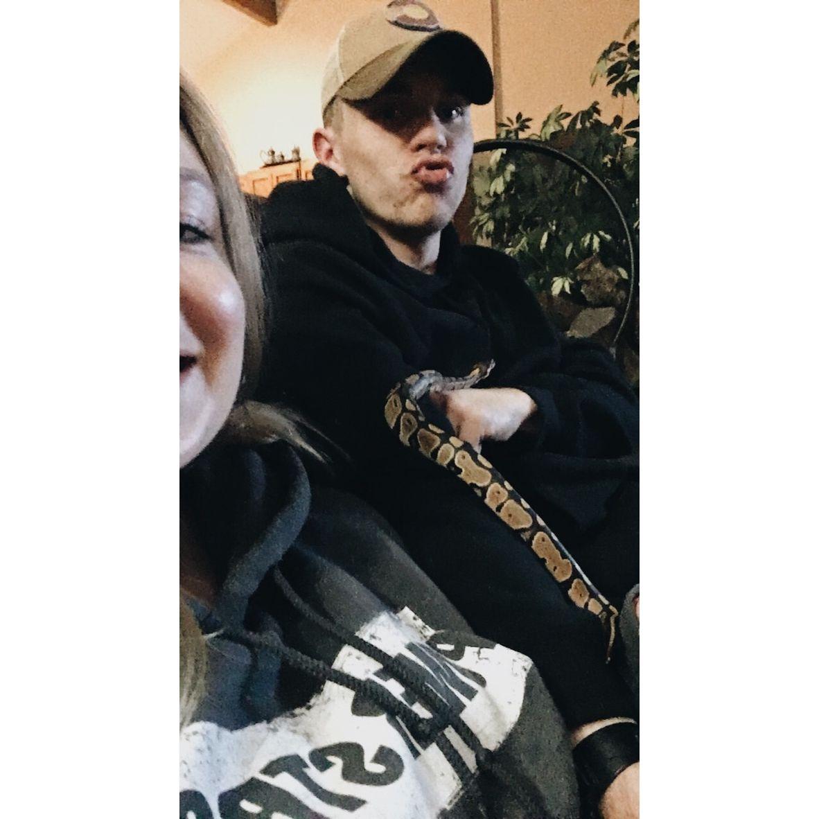 Our first pet together in 2018: our ball python Menchie (named after Menchie's where we had our first date)