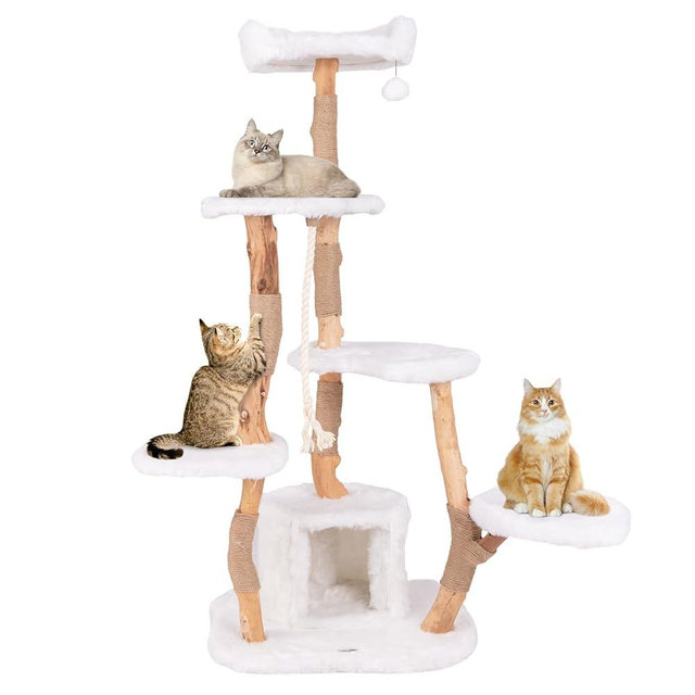 PETSITE 66 inch Tall Wooden Cat Tree Tower, Multi-Level Cat Tower with Jute Scratching Posts, Sisal Rope, Cat Condo, and Dangling Ball, Soft Long Plush, Modern Cat Tree for Indoor Cats Large Adult