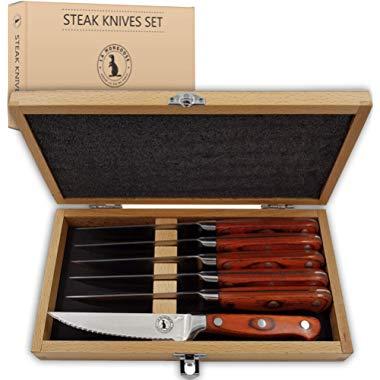 Steak Knife Set in Gift Box by La Mongoose. 6 Full Tang High Carbon Stainless Steel Micro Serrated Knives. Classic Dark Brown Ergonomic Wooden Handles and a Luxury Beech Wood Case. Birthday Gift Idea