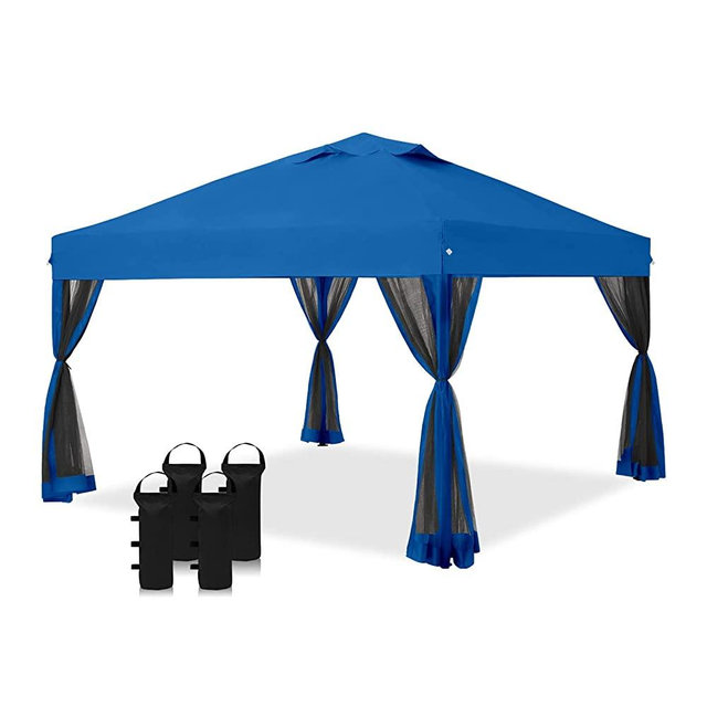 CROWN SHADES 10x10 Pop up Canopy Outside Canopy with 4 Removable nettings with Door,Patented One Push Tent Canopy with STO'N and Go Bag, Bonus 8 Stakes and 4 Ropes and 4 Weight Bags, Blue