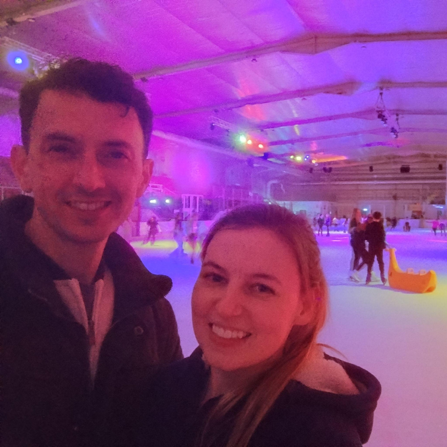 Ice Skating date, Mads only fell over twice, David rescued her.