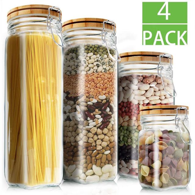 Food Storage Containers Set, Kitchen Storage Jars, Elegant Life Clear Glass Airtight Canister Set with Airtight Clamp Caps(4 Packs,5.5L)