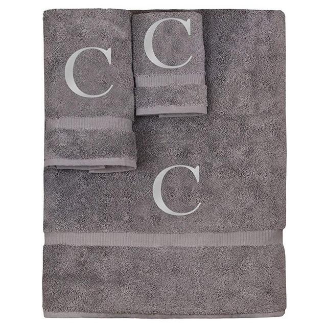 Monogrammed Towel Set, Personalized Gift, Set of 3- Silver Block Letter Embroidered Towel - Extra Absorbent 100% Turkish Cotton - Soft Terry Finish - Initial C Gray