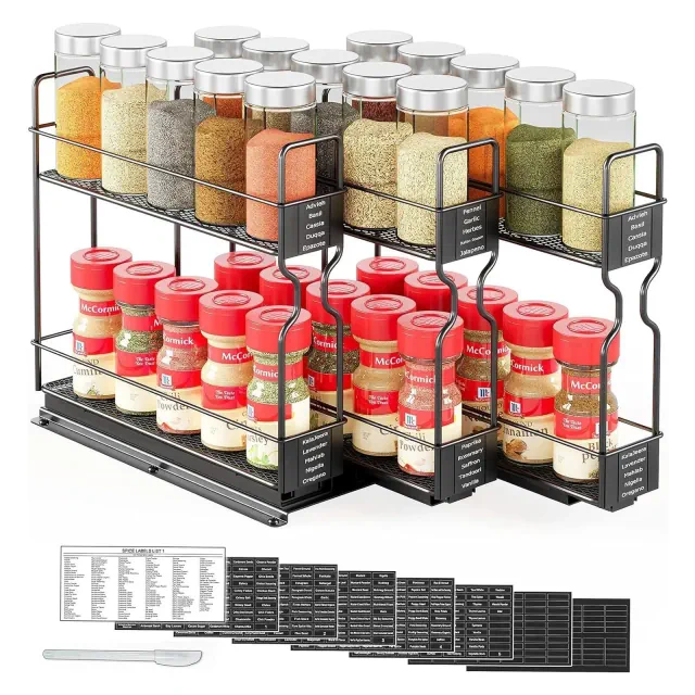 SpaceAid Pull Out Spice Rack Organizer for Cabinet,with Labels,7.7" W x10.75 D x10 H, 3 Drawers 2-Tier