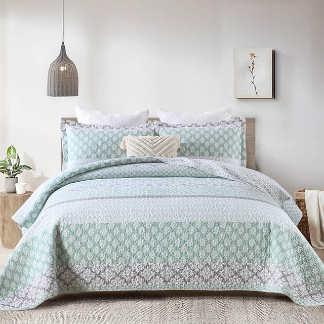SahSahCasa Quilt Queen Size, Queen Quilt Set, 100% Cotton Floral Quilt, Queen Quilt Bedding Set Bedspreads, Patchwork Reversible Lightweight Comforter Bed Spread for All Season, Green/Gray