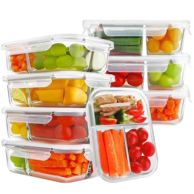 HOMBERKING 8 Pack Glass Meal Prep Containers 3 Compartment, 33oz Glass Food Storage Containers with Lids, Airtight Glass Lunch Bento Boxes, BPA-Free & Leak Proof (Set of 8) - White