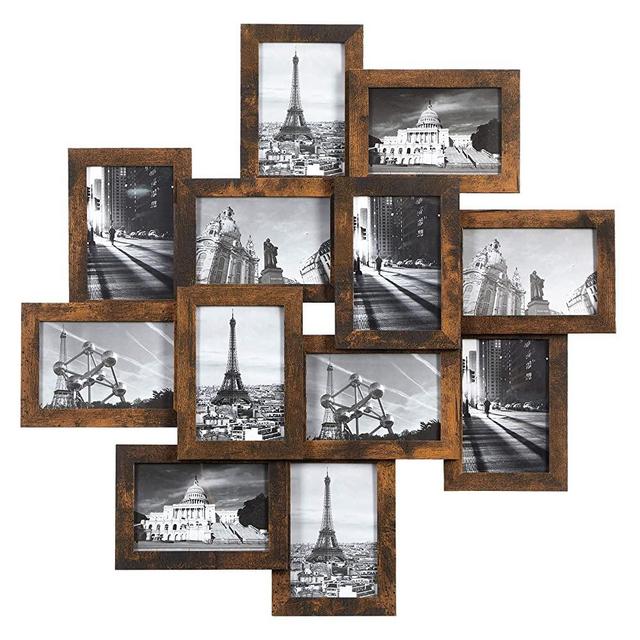 SONGMICS Collage Picture Frames for 12 Photos in 4 x 6 Inches, Assembly Required, Wall- Mounted Multiple Picture Frames, with Glass Front, Wood Grain, Rustic Brown URPF022X01