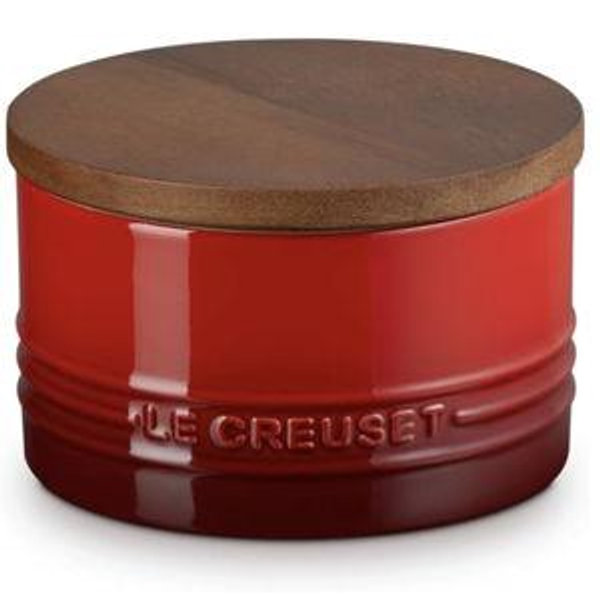 Le Creuset Signature Medium Salt Cellar and Storage Canister with Wood Lid, 16 oz., Cerise