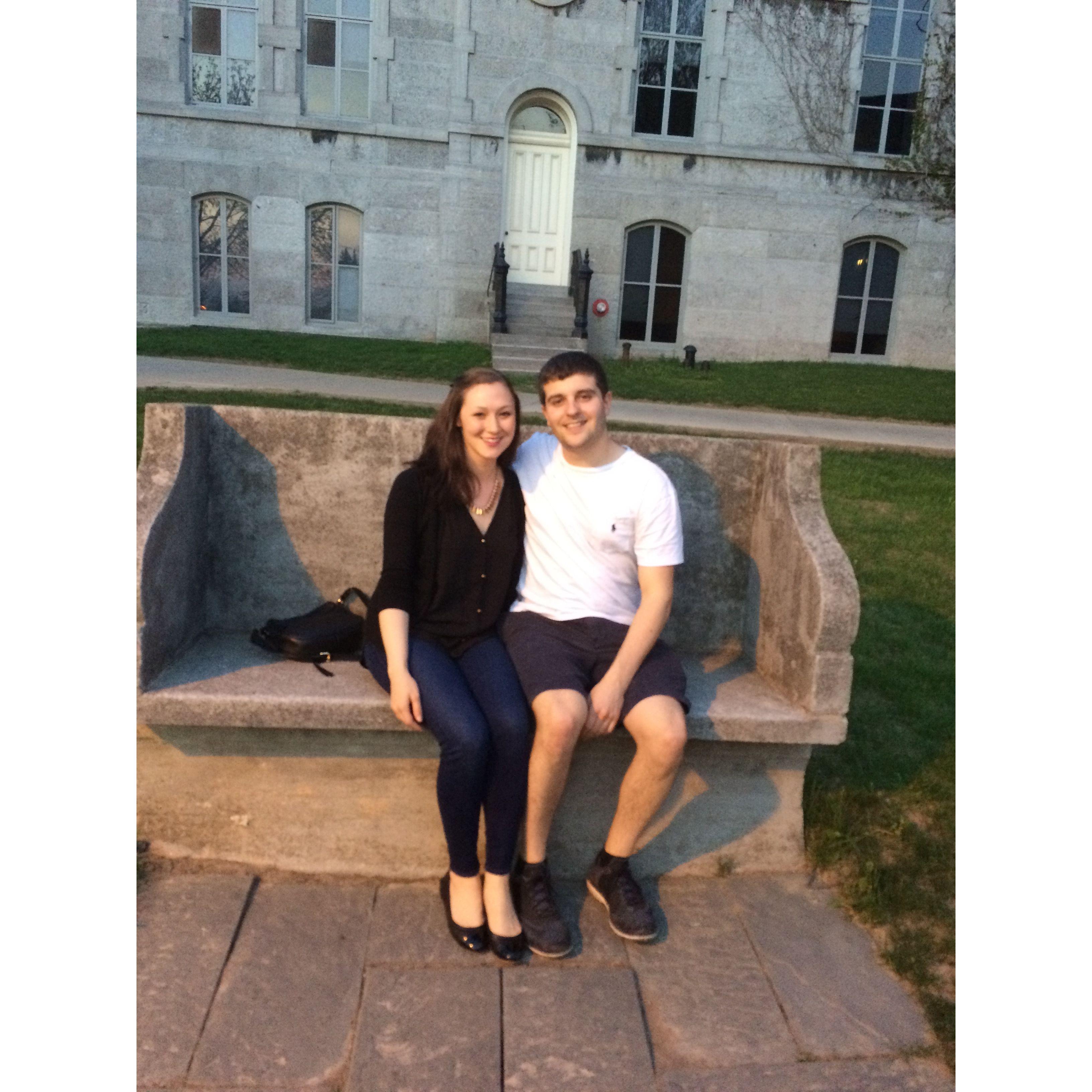 The legendary "Kissing Bench" at Syracuse University. This famous bench dates back to 1912 and tradition says that if a couple kisses on this bench, they will get married and live happily ever after.