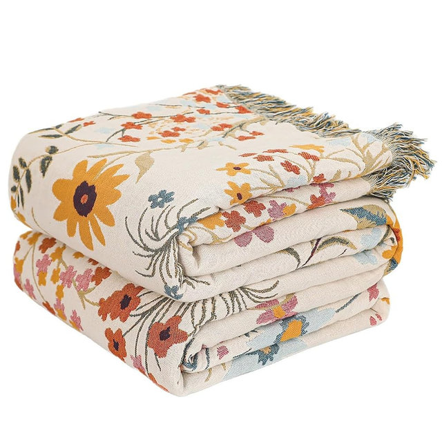STASOPTK Throw Blanket for Bed,100% Cotton Boho Soft Rustic Muslin Quilt,Summer Reversible Woven Breathable Bedspread,All Season Blankets for Bedding Couch Home Decor,Colorful Floral 90"×98"