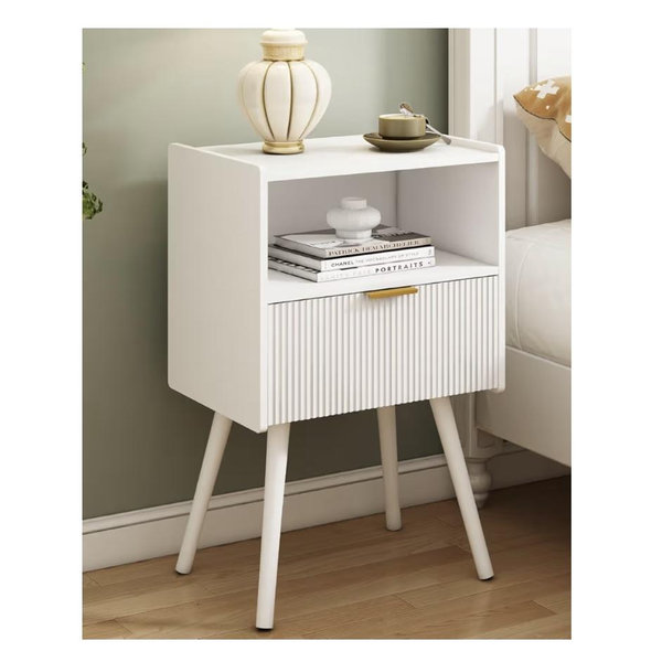 JOONEE White Nightstand,Modern Bedside Table with Storage Drawer and Open Wood Shelf, for Living Room, Bedroom and Small Spaces, Accent Night Stand with Solid Wood Legs, Easy Assembly,Classic White