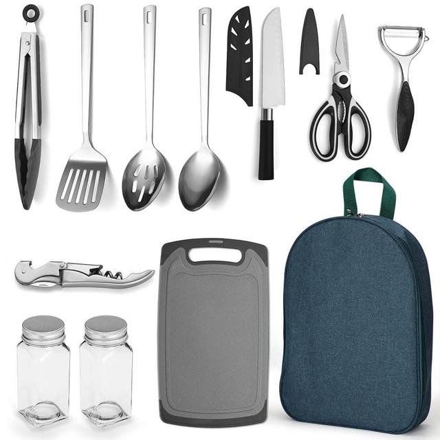 Evanda Camping Kitchen Cooking Utensil Set 10 Piece, Stainless Steel Outdoor Cooking and Grilling Utensil Organizer Travel Set Perfect for Travel, Camping, RVs, BBQs, Picnics, Parties and More