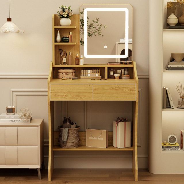 Small Vanity Desk with Mirror and Lights, Makeup Vanity with Drawer & 3 Storage Shelves for Bedroom,Yellow