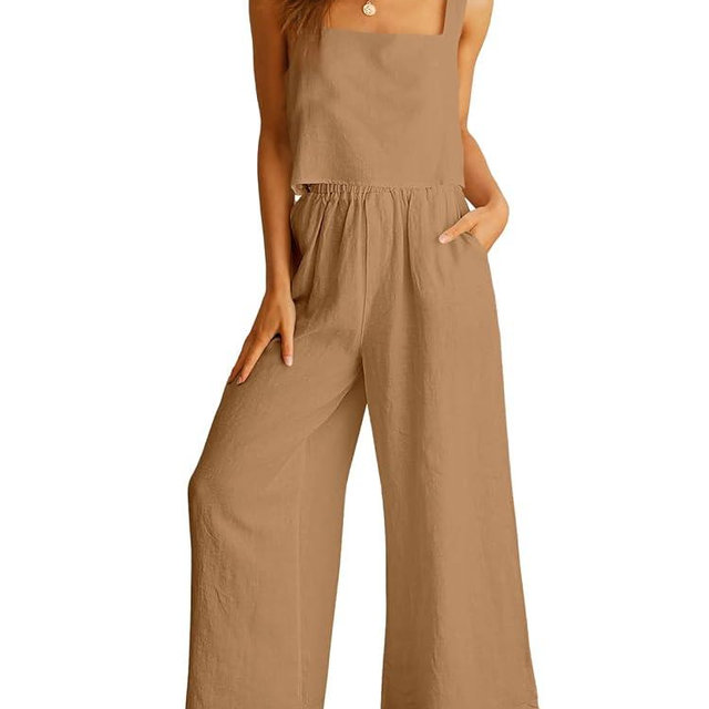 ANRABESS Women's 2 Piece Outfits Linen Pants Jumpsuit Matching Lounge Set Casual Summer Beach Vacation Trendy Clothes