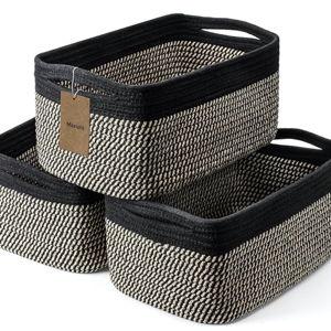 3-Pack Shelf Baskets for Organizing, Closet Organizer Bins, Small Woven Baskets, Rope Toy Basket, Storage Basket for Shelves, Cube Decorative Box, 11.8×7.8×5.1”, Black Brown