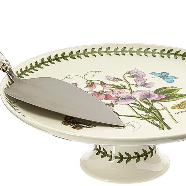 Portmeirion Botanic Garden 10" Footed Cake Plate, Sweet Pea Motif - Includes Stainless Steel Server - Fine Porcelain, Dishwasher, Microwave, Freezer, Oven Safe - Wedding Dessert Table Essentials