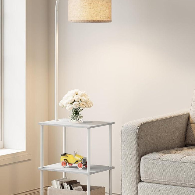 PARTPHONER Floor Lamp with Table, Night Stand with Lamp, Narrow Side Table with 3CCT LED Bulb, Small Coffee Table, Modern End Table with Storage Shelves for Living Room Bedroom Home Décor, White