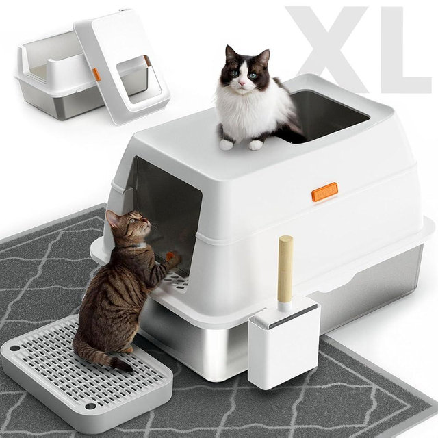 Stainless Steel Cat Litter Box with Lid,Front Entry Top Exit Kitty Litter Box,Extra Large Enclosed Metal Litter Box with Litter Scoop & Litter Mat-White