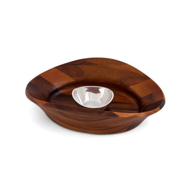 Nambe Ripple Chip and Dip Server | 16 Inch Acacia Wood Appetizer Platter Alloy Dip Bowl | For Guacamole, Nachos, Chips, and Salsa | Appetizer and Snack Serving Tray
