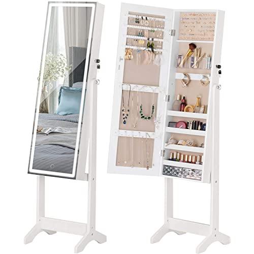 LUXFURNI LED Light Jewelry Cabinet Standing Full Screen Mirror Makeup Lockable Armoire, Large Cosmetic Storage Organizer w/ Brush Holder white