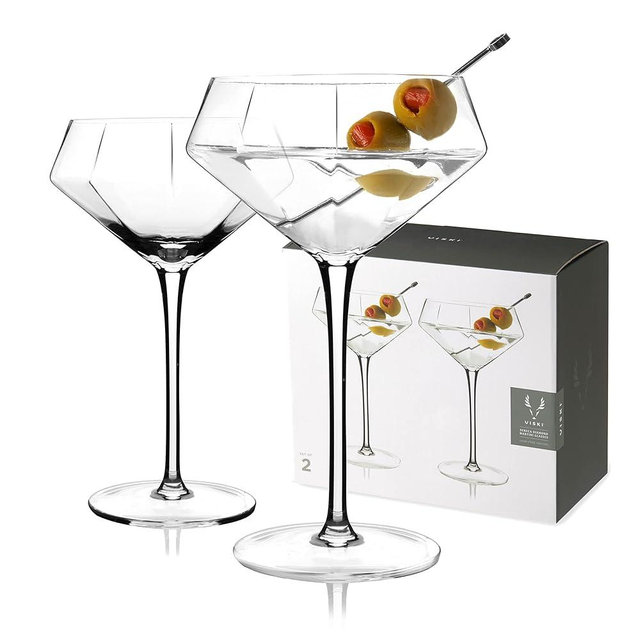 Viski Seneca Diamond Faceted Stemmed Coupe Glasses, Fancy Crystal Martini Glasses, Modern Glassware Perfect for Espresso Martini, Manhattan, Champagne Cocktails, Home Bar Accessories, 11 oz Set of 2